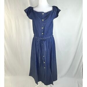 Millenium Womens L Denim Dress Blue Off Shoulder Button Front Tie Waist Prairie‎